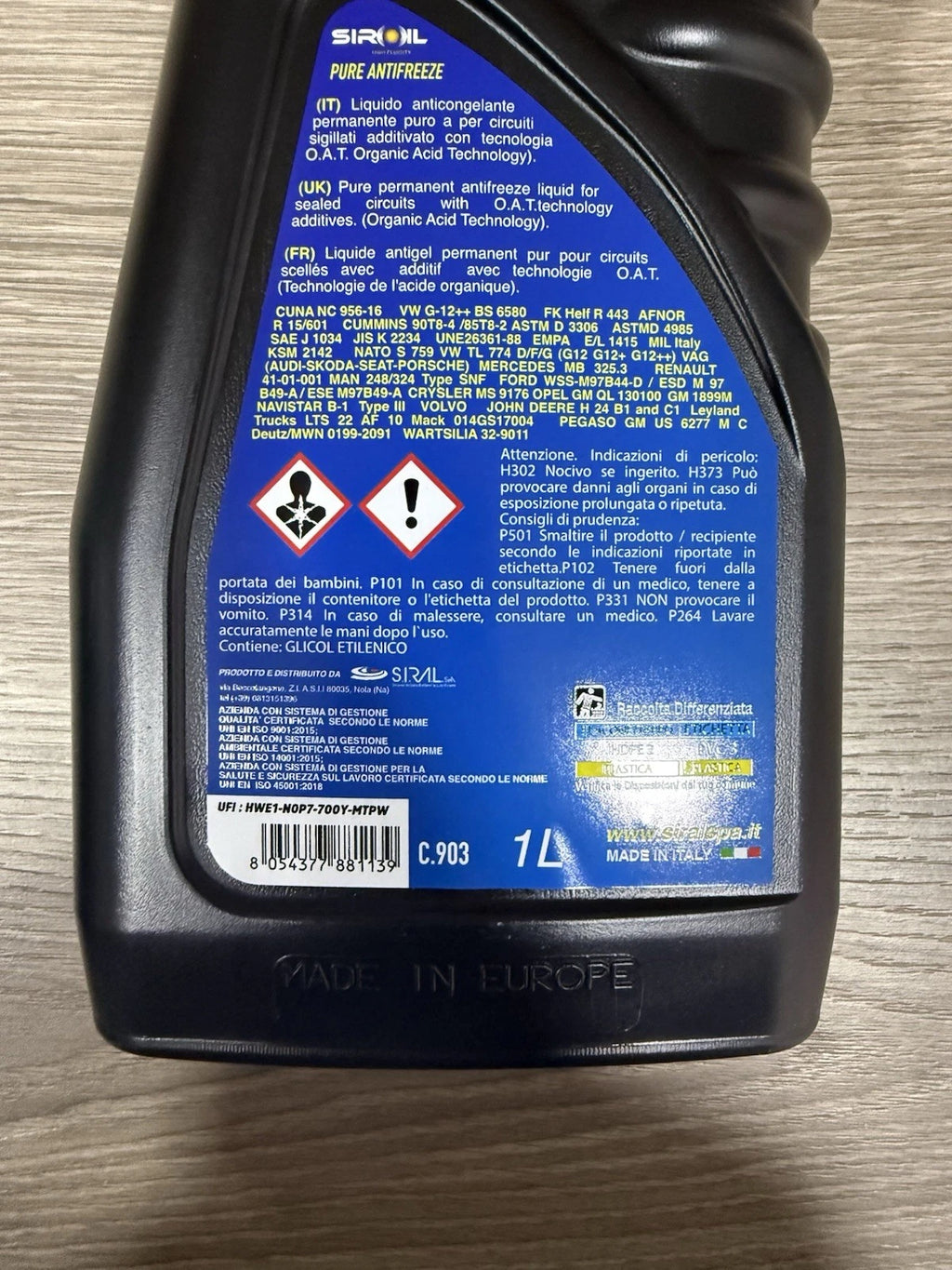 3 Litri Liquido Di Raffreddamento Anti Gelo Blu Siroil Prodotto Made In Italy