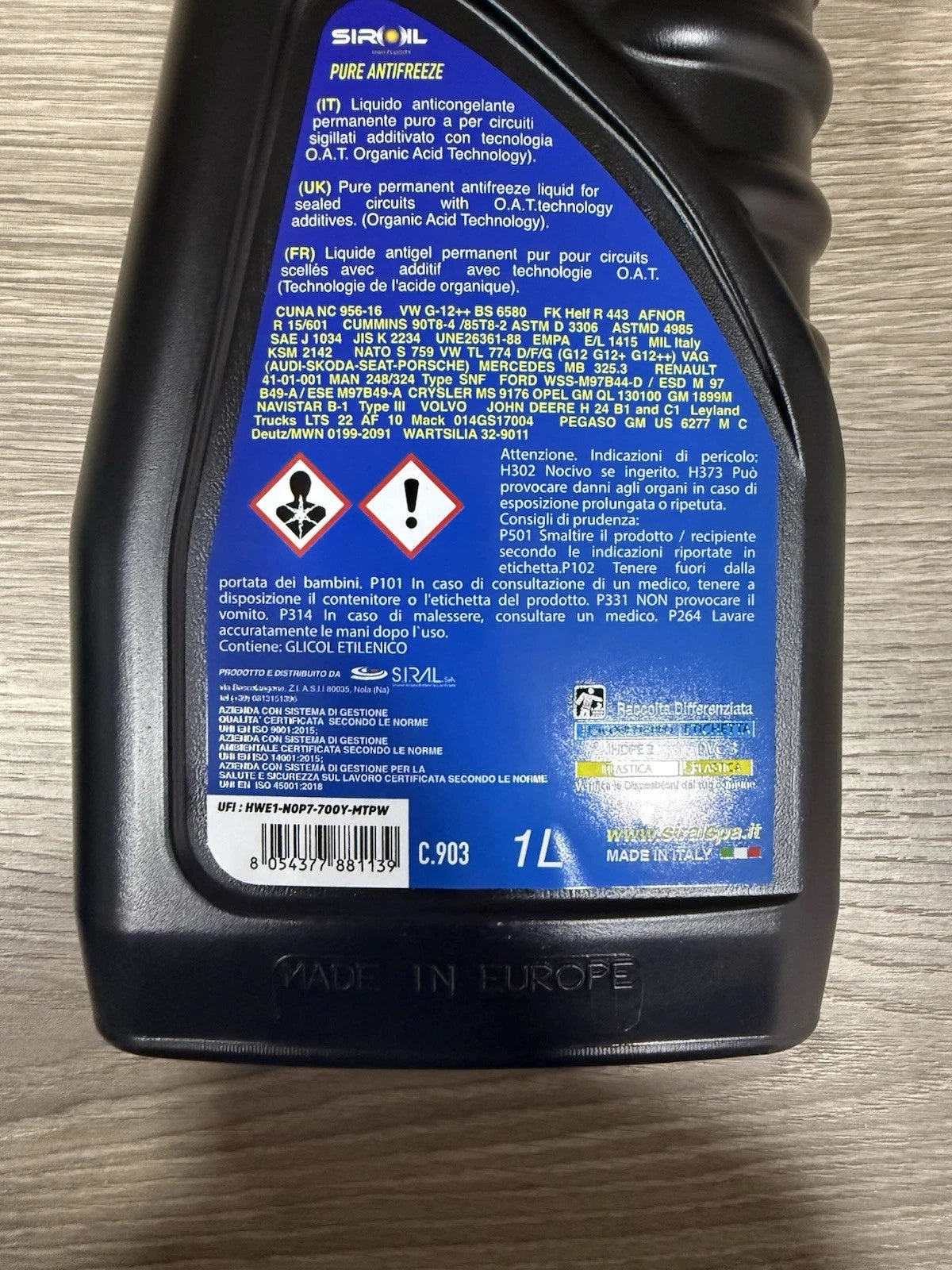 3 Litri Liquido Di Raffreddamento Anti Gelo Blu Siroil Prodotto Made In Italy