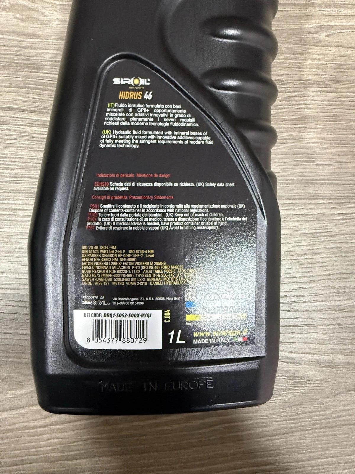3 Litri Olio Fluido Idraulico Hidrus 46 Siroil Prodotto Made In Italy
